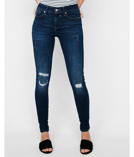 Express Womens Mid Rise Dark Wash Ripped Stretch Jeggings, Women's Size:00 Short Blue 00 Short | Express