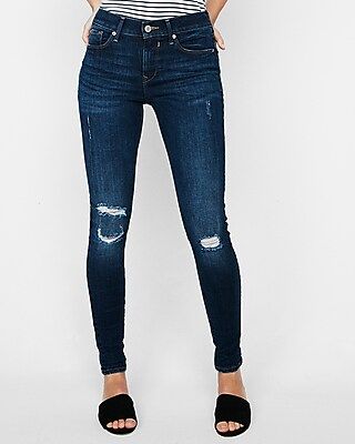 Express Womens Mid Rise Dark Wash Ripped Stretch Jeggings, Women's Size:00 Short Blue 00 Short | Express