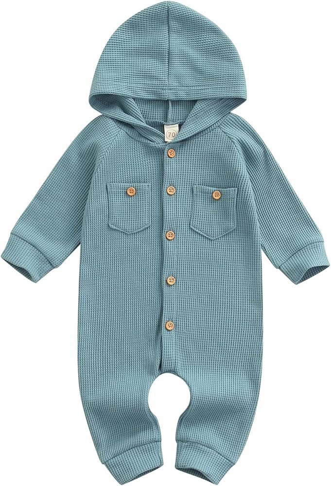 Winter Newborn Baby Boy Girl Solid Romper Unisex Infants Hooded Outfit Clothes Waffle Cotton Butt... | Amazon (US)