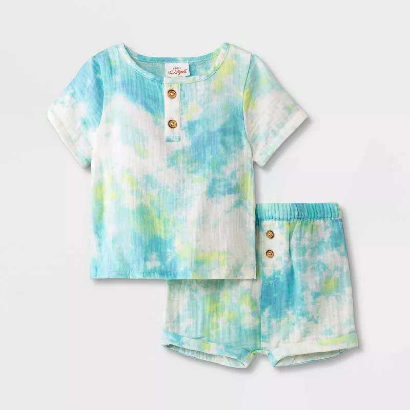 Baby Gauze Tie- Dye Henley Top & Bottom Set - Cat & Jack™ Mint Green | Target