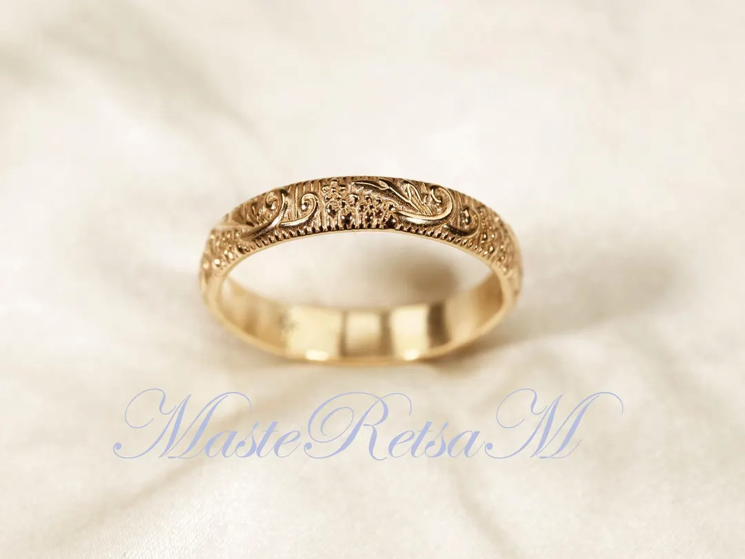 ZP166-Handmade 14k Gold Filled Floral Ring, Sterling Silver Pattern Band (3.5 mm) | Etsy (US)