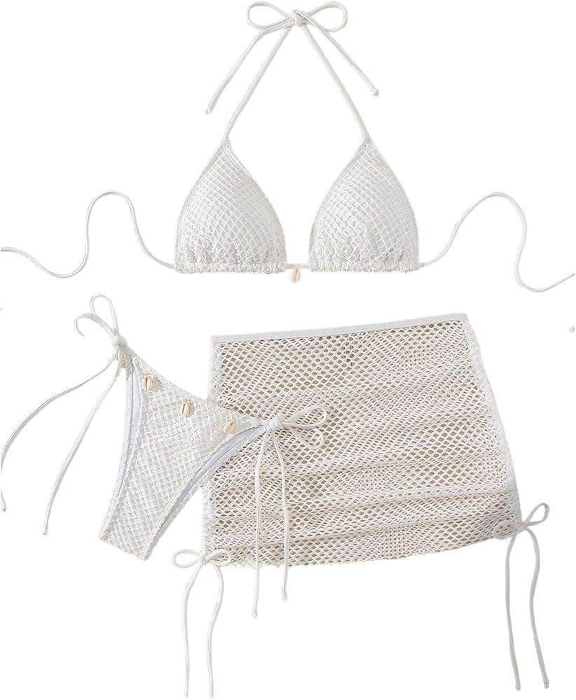SHENHE Women's 3 Piece Bikini Set Shell Decor Halter Bra and Bottom with Cover Up Skirt | Amazon (US)