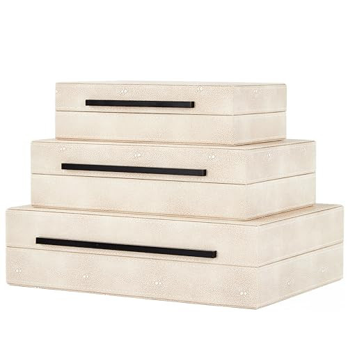 Denique Shagreen Decorative Boxes Set of 3, Leather Jewelry Storage Box Modern Storage Boxes with Lids, Ivory Stacking Boxes with Black Metal Handles Home Organizer Box | Amazon (US)
