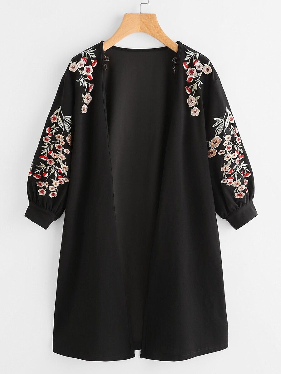 Blossom Embroidered Bishop Sleeve Cardigan | SHEIN