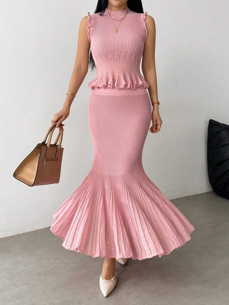 Modelyn 2pcs/Set Elegant Lady Style Sleeveless Knit Vest & Long Pleated Skirt | SHEIN