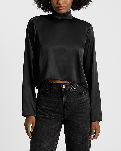 Satin Mock Neck Cropped Long Sleeve Top | Express