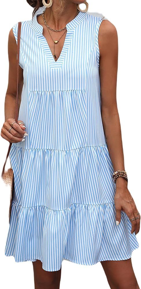 Floerns Women's Striped Print Sleeveless Notched Neck Tiered Layer Babydoll Dress | Amazon (US)
