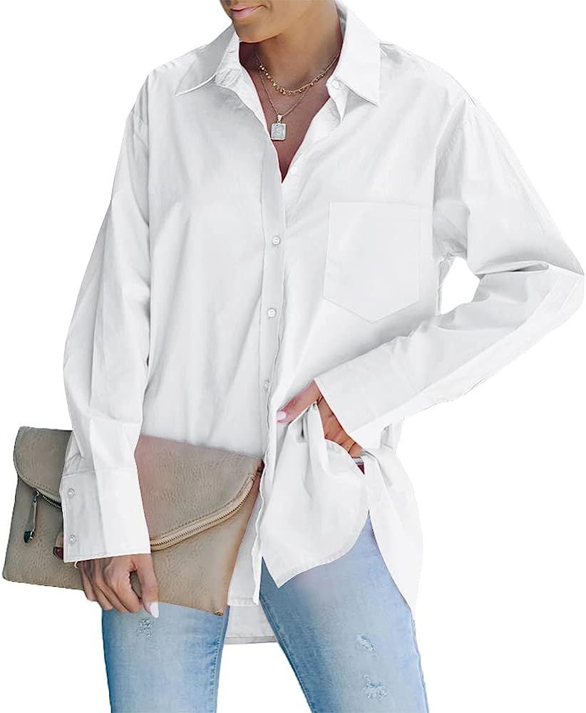 Womens Button Down Dressy Long Sleeve Blouses Tops Casual Loose Fit Shirts Plus Size | Amazon (US)