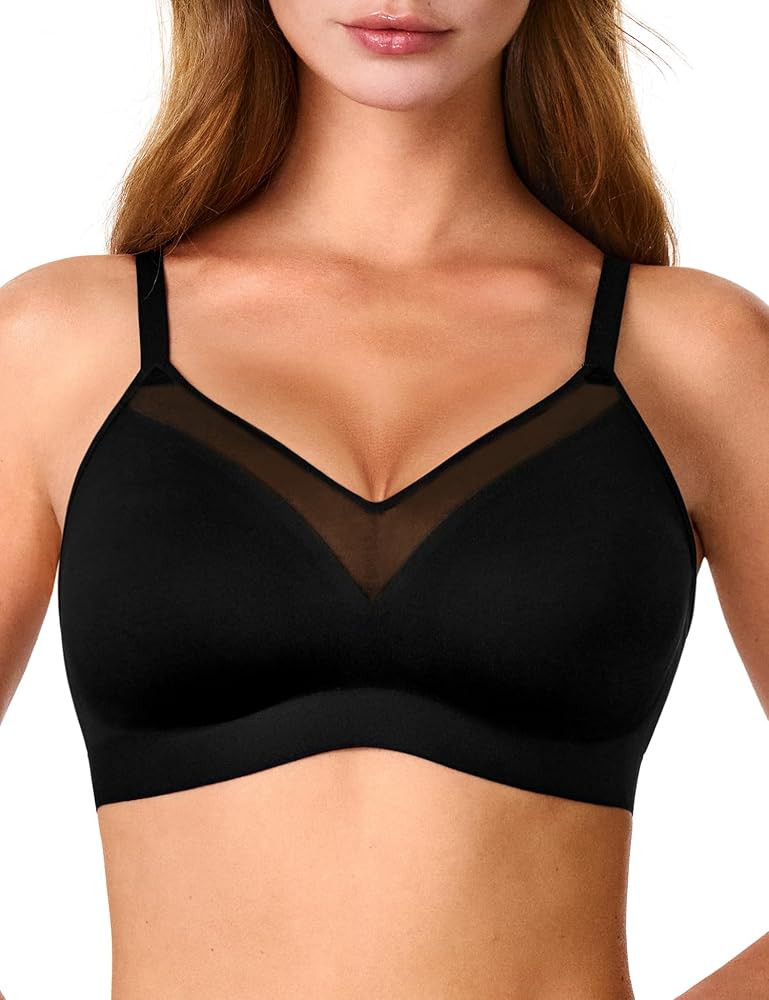 Lehoba V Neck Mesh Wireless Bras for Women, Seamless Push Up Bralette No Underwire Bra Comfortabl... | Amazon (US)