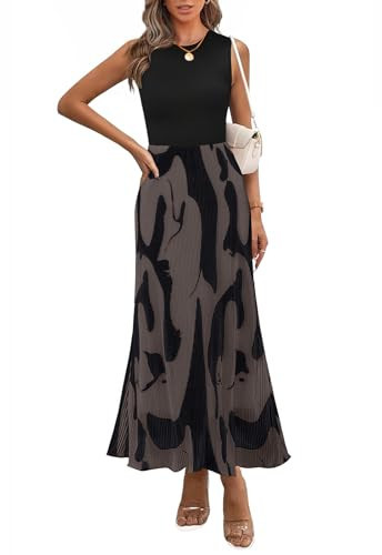PRETTYGARDEN Womens Spring Dresses 2025 Sleeveless Floral Easter Dress for Women Pleated Hem Casual Tank Top Maxi Dress (Deep Brown, Small) | Amazon (US)