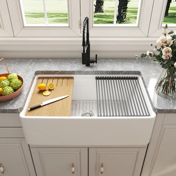 DV-1K0067 Deervalley 33" L X 20" W Single Basin Workstation Farmhouse Kitchen Sink With Sink Grid... | Wayfair North America