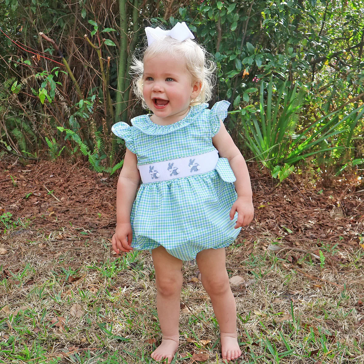 Easter Bunny Smocked Blue & Green Gingham Beverly Bubble | Classic Whimsy