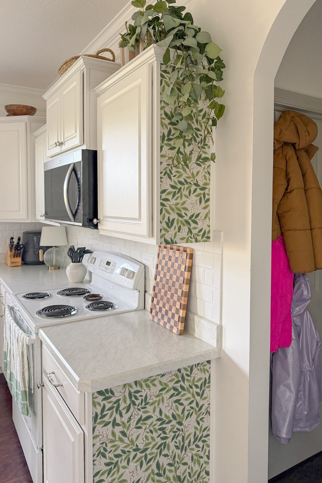 No surface is safe from wallpaper here! 🧚🏼‍♀️ #ad I also used peel and stick wallpaper from @Wayfair on the sides of my kitchen cabinets to add color to my white kitchen 🍃

#wayfair #wayfairpartner

#LTKHome #LTKSeasonal