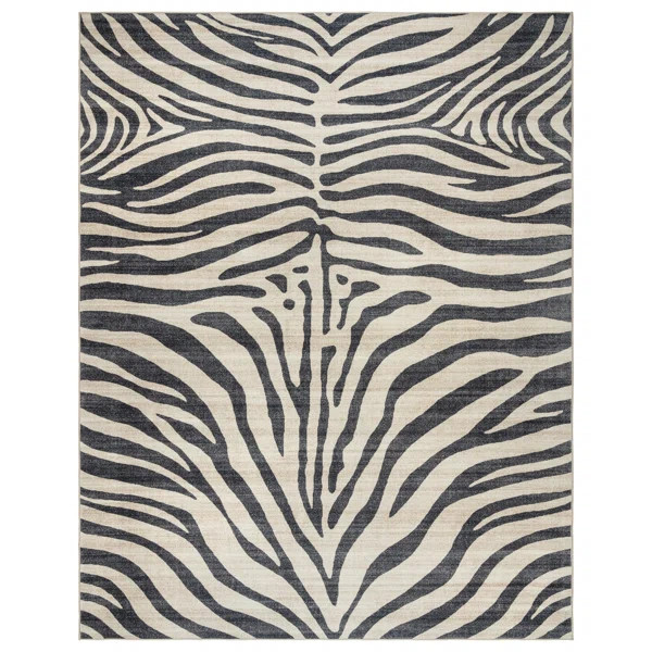 Samira Zebra Black Ivory Cream Modern Animal Print Washable Flat Pile Indoor Area Rug | Wayfair North America