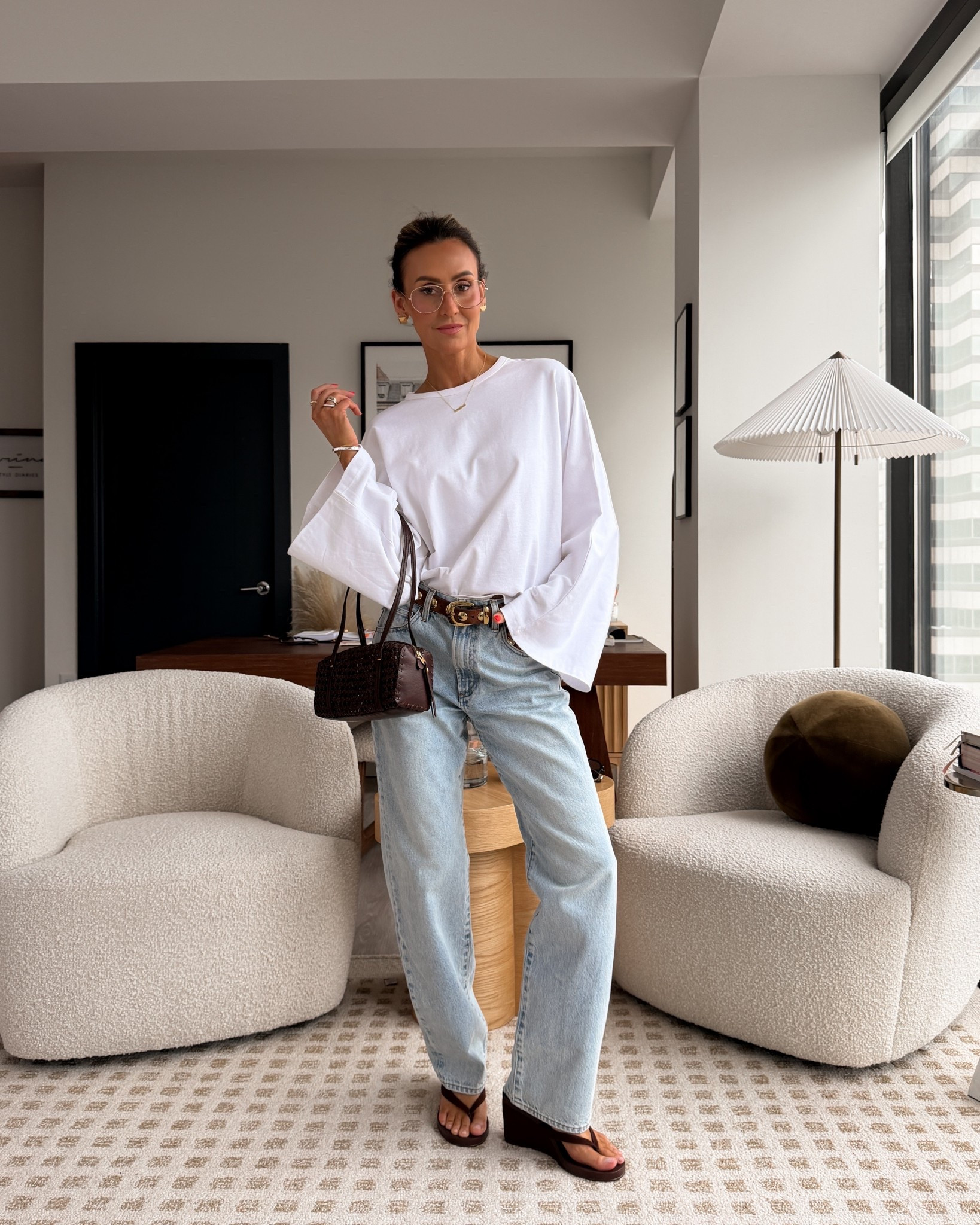 Oversized long sleeve slouchy tee fits oversized - aritzia jeans 
Open weave bag and Warby Parker glasses 

#LTKSeasonal #LTKootd #LTKOver40