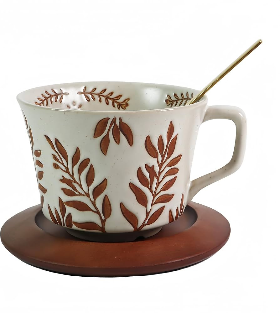Vintage Ceramic Coffee Mug Thick Pottery Coffee Tea cup with Wooden Saucer and Spoon - 12 oz Tea ... | Amazon (US)