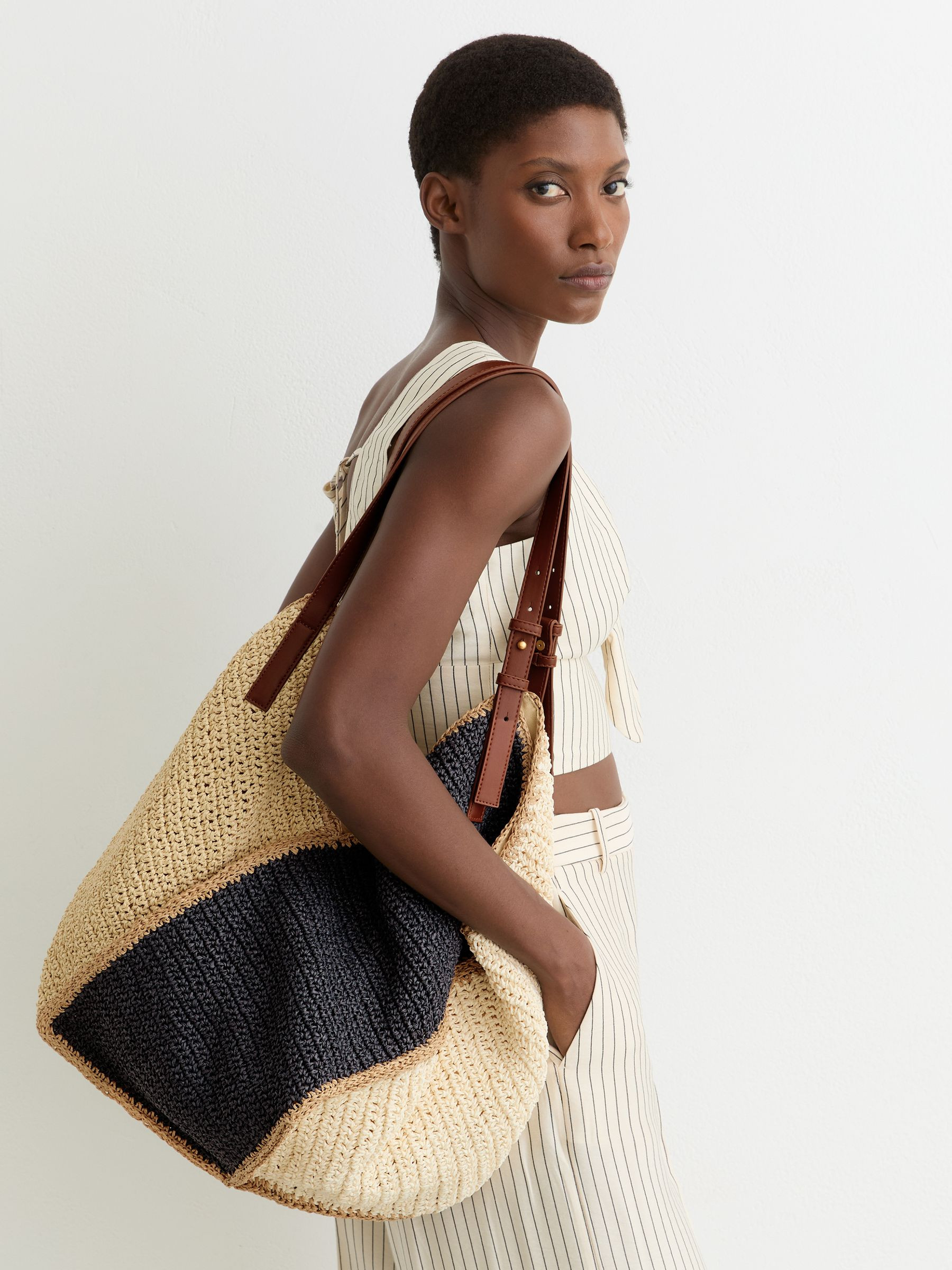 Reiss Raffia-Effect Colour-Block Tote Bag in Navy | REISS | Reiss US