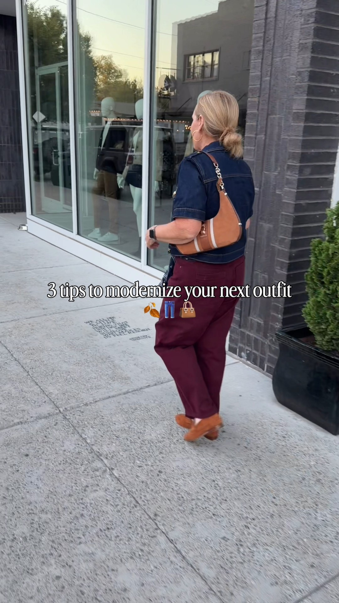 Simple outfit. But make it modern 

Update your jean jacket. This short sleeve lady jacket version is a great option especially for warmer climates. Wearing a medium petite 
Add a scarf. Around your neck or around your waist. 
Wear a modern pant silhouette. A wide leg, barrel or slim straight ankle are on trend! 
I’ll link a few burgandy options. These are a 29 petite but petites are sold out. 
Make sure your bag is fresh and modern too. It’s a finisher yo any outfit. Keep your purse contents in a small pouch or wallet to make switching your bag quick and easy. 

#LTKOver40 #LTKHome #LTKSeasonal