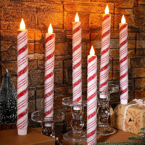 Baquler 6 Pcs Christmas Flameless Taper Candles 10.6 Inch Sea Salt Candy Cane Candles Battery Operated LED Christmas Candlesticks for Xmas Centerpiece Holiday Party Decor | Amazon (US)