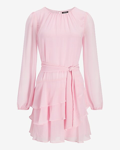 Long Sleeve Tie Waist Tiered Ruffle Dress | Express