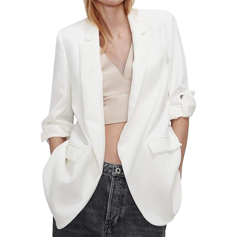 Zara Open Front Blazer Jacket Rolled Up Sleeve Career Chic Minimalist Ivory Sz S | eBay US