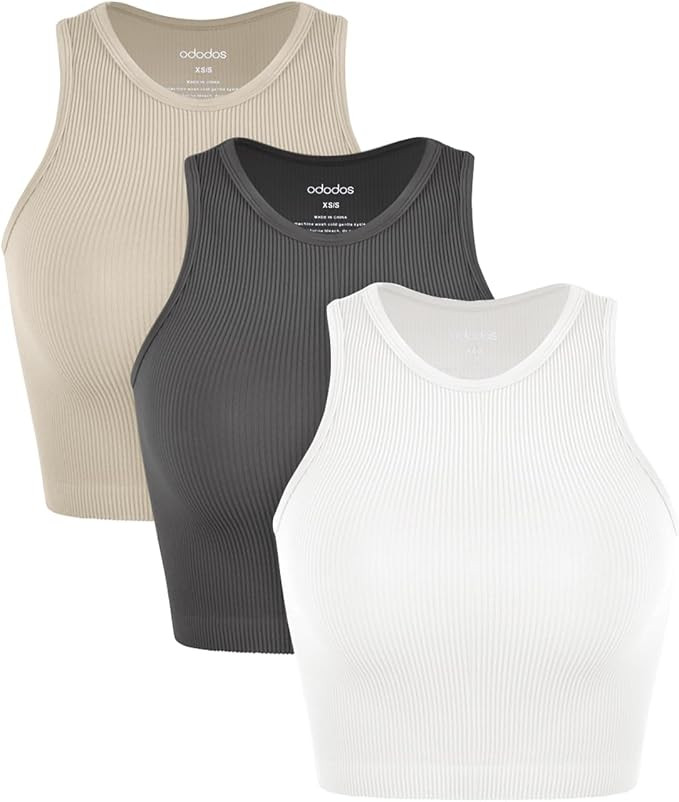 ODODOS 3-Pack Seamless Crop Tank for Women Ribbed Soft High Neck Cropped Tops | Amazon (US)