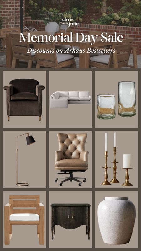 Save on select products at Arhaus - including many of the products we have in our home!

Suede roll arm chair, white sectional sofa, highball tumbler glasses, floor lamp, leather rolling desk chair, gold candlesticks, outdoor dining chair, reeded chest cabinet, ceramic vase

#LTKHome #LTKSaleAlert