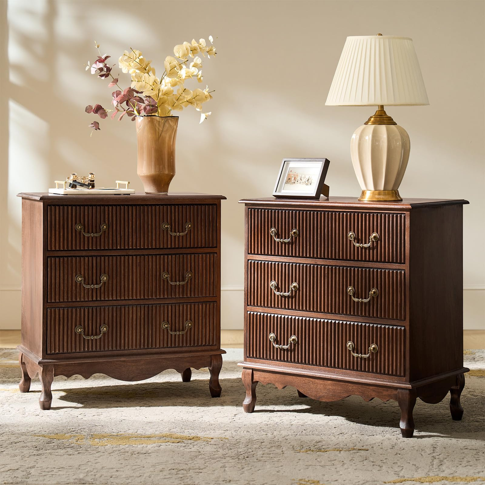 HULALA HOME Transitional Nightstand Set of 2 with 3 Drawers and Charging Station, 28" Solid Paulo... | Amazon (US)