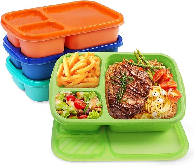 buluker 4 Pack Bento Lunch Box Set 3 Compartment Wheat Straw Meal Prep Food Storage Containers Pl... | Amazon (US)