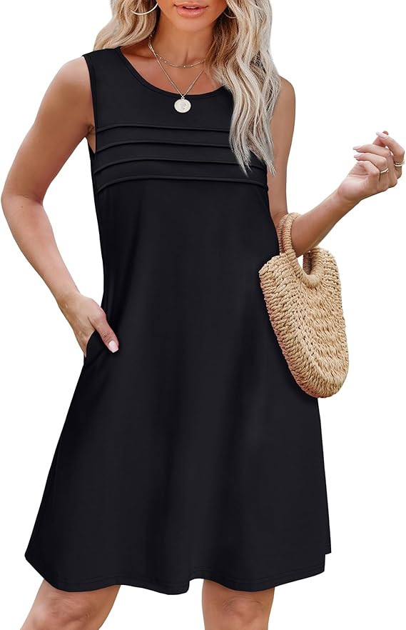 OFEEFAN Womens Pleated Front Tank Dresses Fashion Spring Sleeveless Pockets Sundress Casual Summe... | Amazon (US)