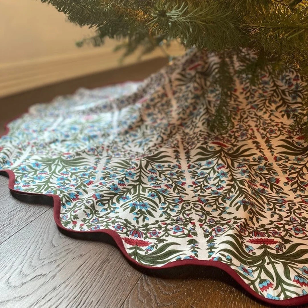 Christmas Scalloped Piping Green TREE Skirt Printed Tree - Etsy | Etsy (US)