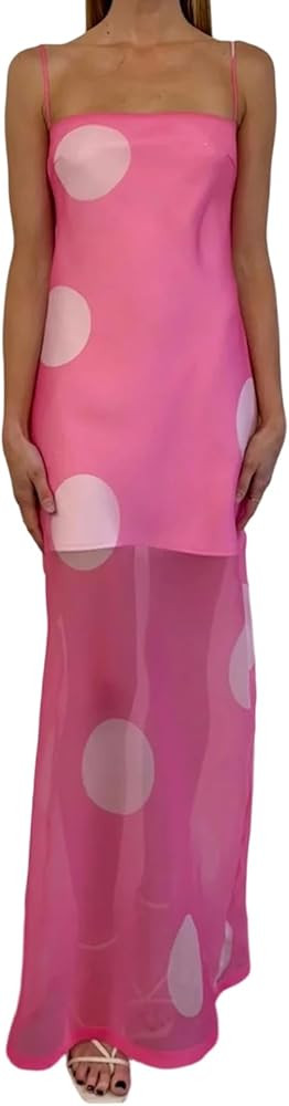 Muineobuka Women Polka Dot Elegant Long Dress Square Neck Spaghetti Strap Sheer Mesh Slim Maxi Dr... | Amazon (US)