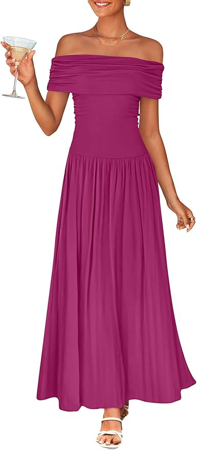ZESICA Women's Off The Shoulder Maxi Dress 2025 Summer Sleeveless Casual Slim Swing Pleated Forma... | Amazon (US)