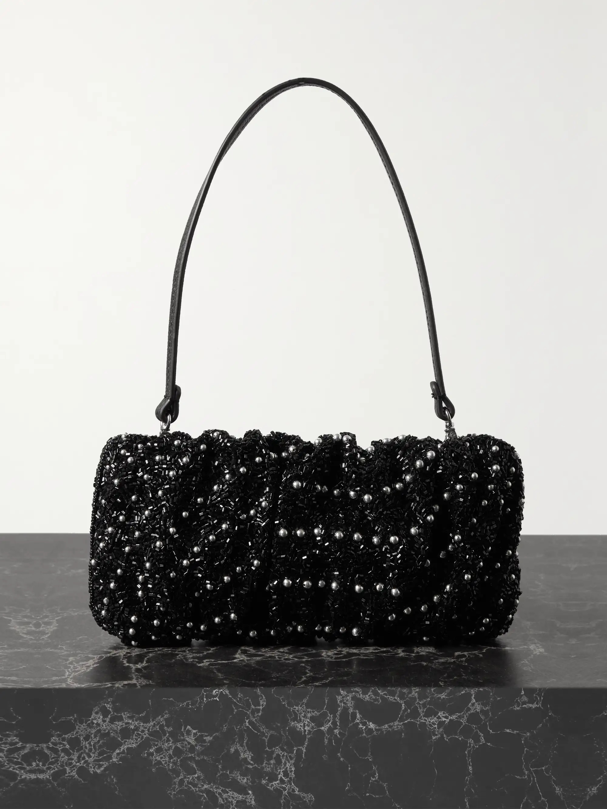 Bean leather-trimmed beaded gathered satin shoulder bag | NET-A-PORTER (US)