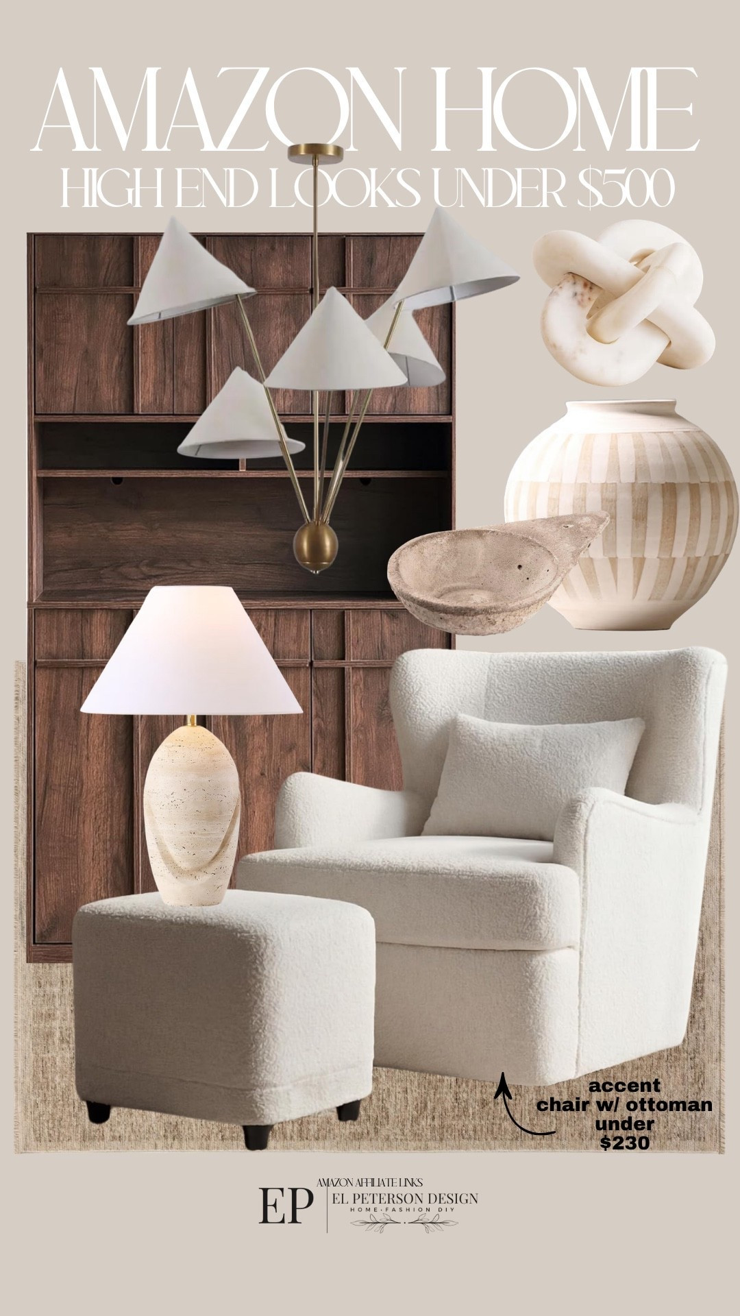 Amazon
Tall accent cabinet
Vase
Decorative knots
Tanks lamp
Accent chair with ottoman
Pendant light 
Rug

#LTKHome