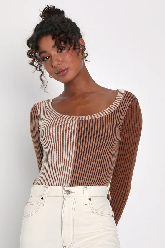 Mod Cutie Brown Color Block Ribbed Long Sleeve Bodysuit | Lulus