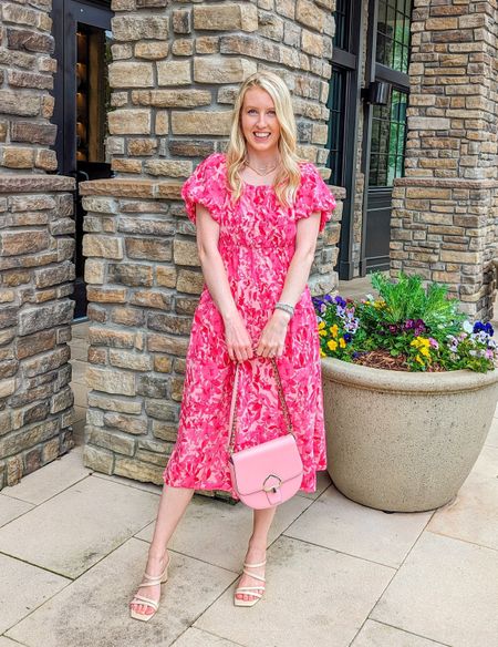 The prettiest pink floral maxi dress. Perfect for Valentine's Day or spring. Puff sleeves. Paired with pink Kate Spade bag and beige strappy sandals.

#LTKstyletip #LTKfindsunder50 #LTKSeasonal