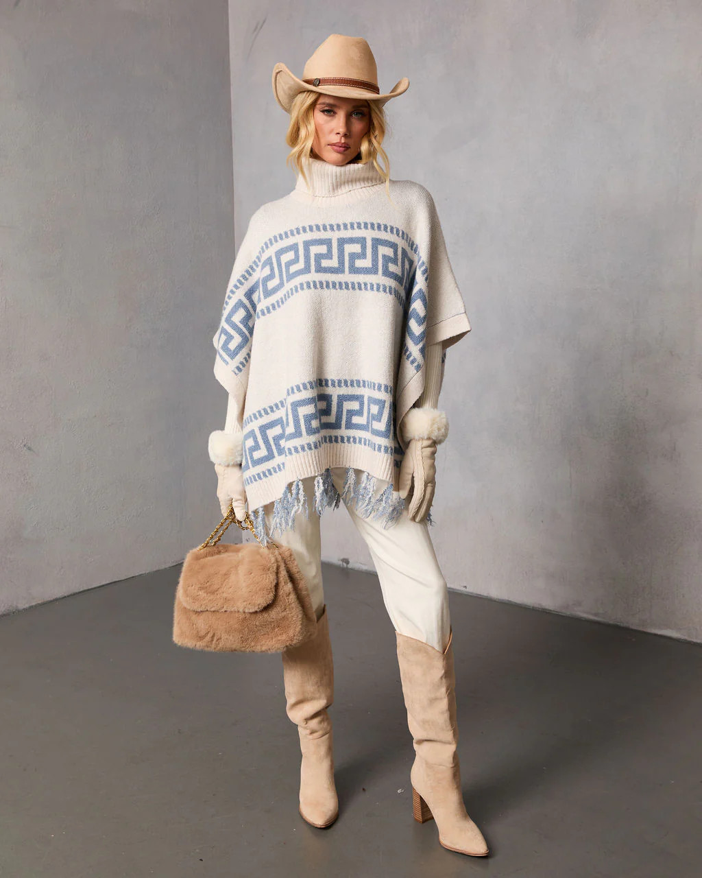 Maly Abstract Fringe Trim Poncho Sweater | VICI