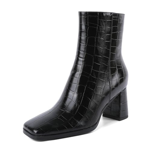 Joseywade High Heel Boots Womens Chunky Boots Ankle Boots Short Ankle Booties Side Zip 3 Inch Square Toe Block Heel Gogo Boots Fall Leather Shoes Crocodile Black US Size 10 | Amazon (US)