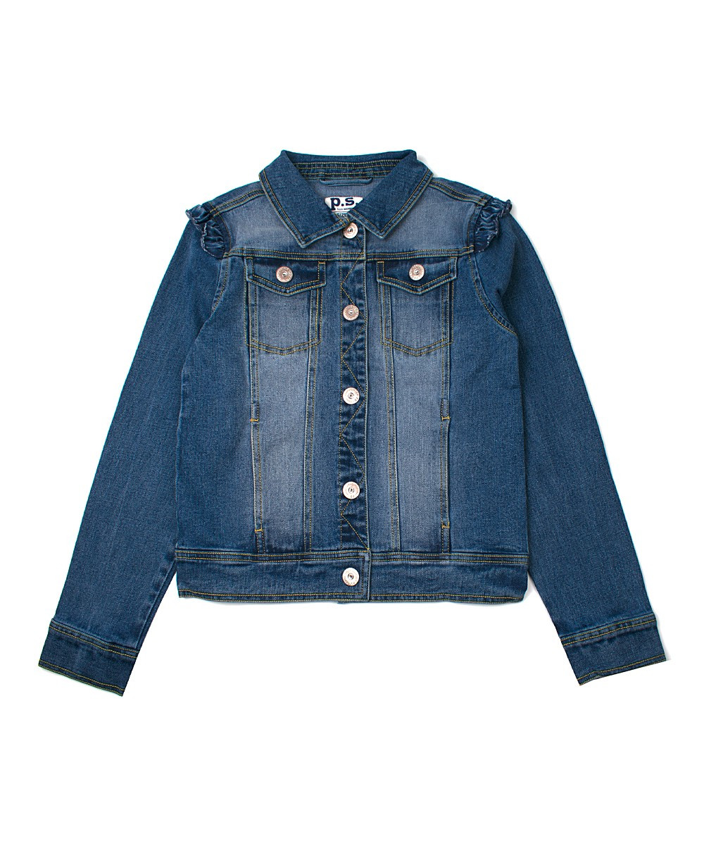 p.s. from Aeropostale Girls' Denim Jackets BLUEM - Blue Ruffle-Accent Denim Jacket - Girls | Zulily