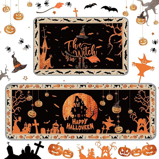 2 Pcs Halloween Rugs Witch Skeleton Pumpkin Rug Happy Halloween Kitchen Bathroom Rugs Gothic Rug ... | Amazon (US)