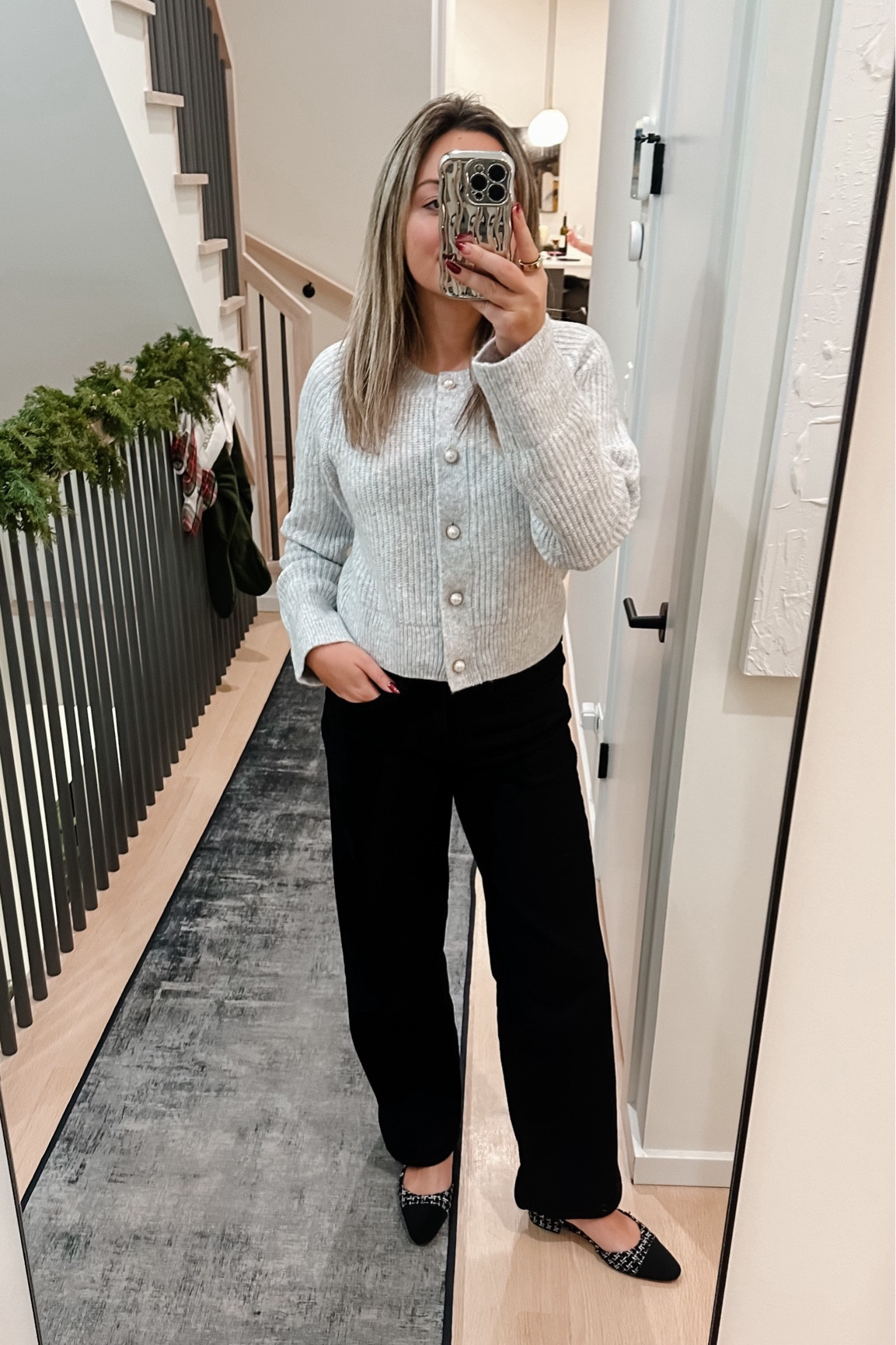 Pearl button cardigan sweater - TTS, I’m wearing a medium.

Black wide leg jeans run TTS, but maybe a little bit big. Size down if you’re in between! I’m wearing a 6.

Tweed ballet flats are TTS, too. Amazon find!

#LTKSeasonal #LTKstyletip #LTKshoecrush