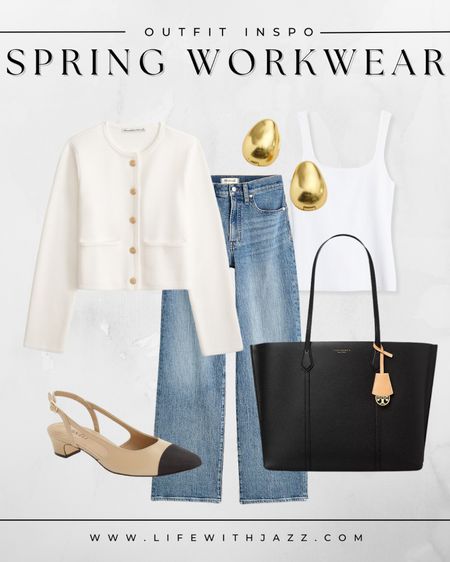 Spring workwear inspo 🤍 

Workwear / business casual / smart casual / sweater jacket / jeans / slingbacks / leather tote / work tote / earrings / classic / minimal 

#LTKworkwear #LTKSeasonal
