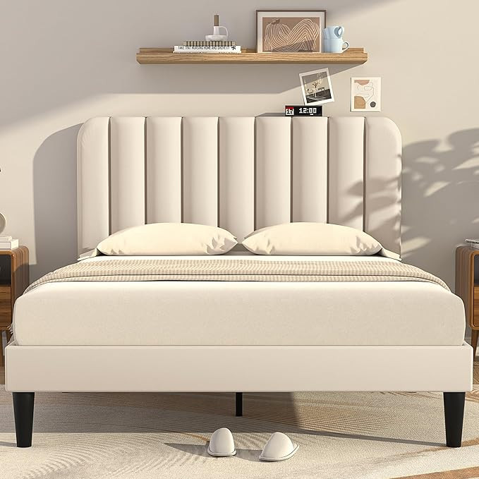 VECELO Queen Size Upholstered Bed Frame with Adjustable Headboard, Velvet Platform Bedframe Mattr... | Amazon (US)