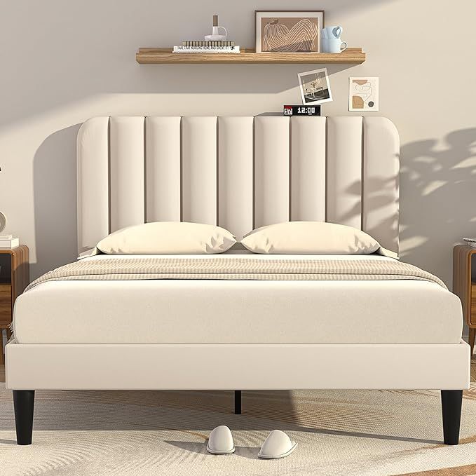 VECELO Queen Size Upholstered Bed Frame with Adjustable Headboard, Velvet Platform Bedframe Mattr... | Amazon (US)