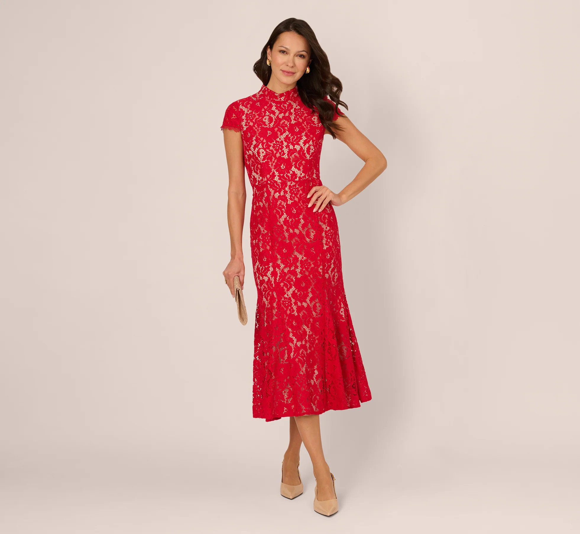 Cap Sleeve Lace Midi Dress In Red Nude | Adrianna Papell
