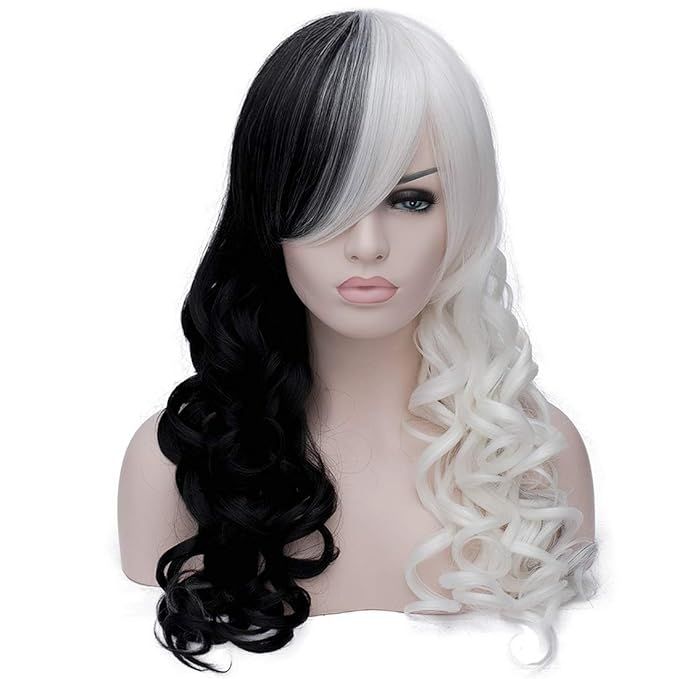Cruella Deville Wig Costume Women Cosplay Black and White Wig Long Loose Wave Curly Wigs Cute Fas... | Amazon (US)