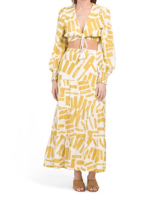 Long Sleeve Linen Crop Top With Tiered Maxi Skirt Set | TJ Maxx
