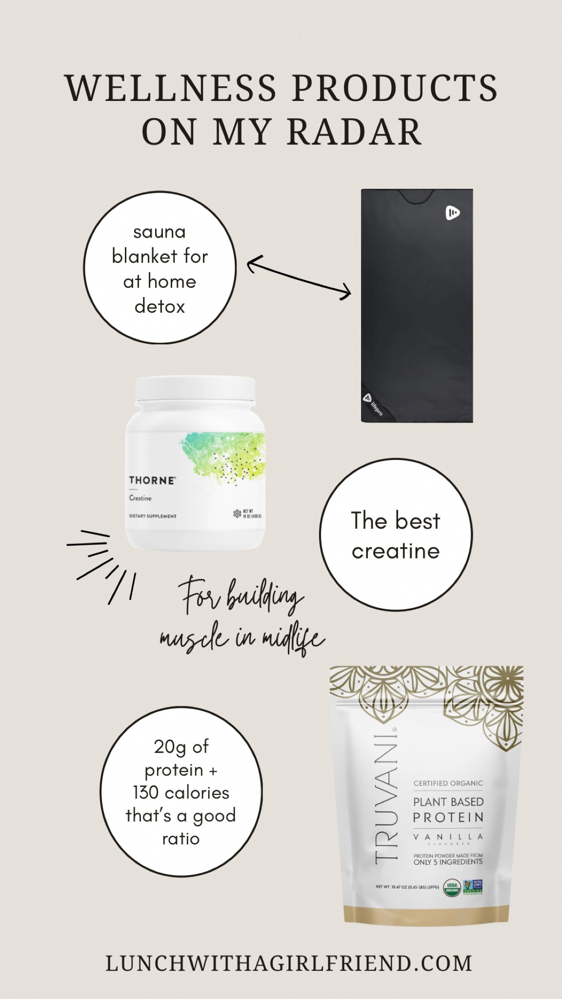 Wellness products I’m using right now. I truly believe in each of these products. 

My functional medicine doctor wanted me to do more detox in a sauna. I slide into my sauna blanket and listen to an audio book at the end of my night.

As we age, building muscle is priority #1. This is the creatine my doctor recommends. Do not purchase from Amazon!

Truvani protein powder has a great ratio of protein to calories and it’s clean! I use it in my overnight oats.

#LTKOver40 #LTKActive #LTKFitness
