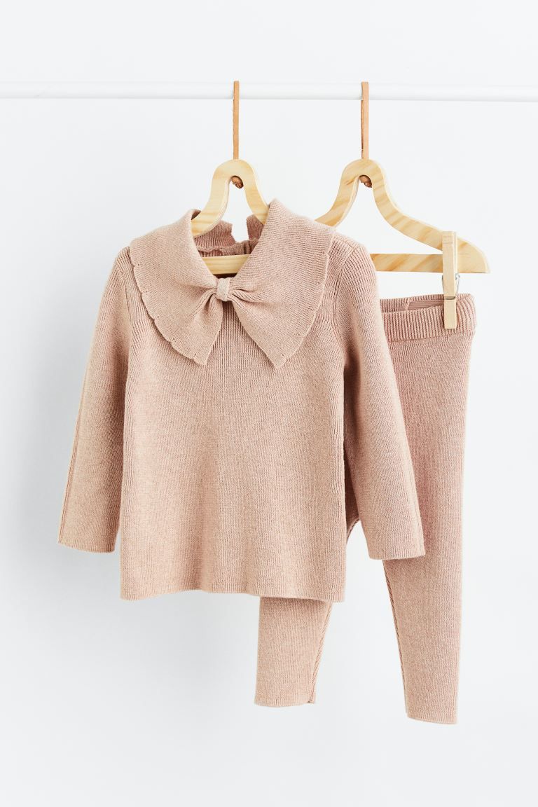 2-piece Knit Cotton Set - Powder pink melange - Kids | H&M US | H&M (US)